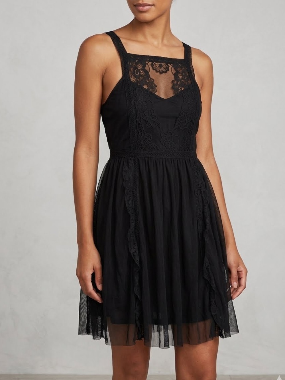 Free People Anthropologie Women's Black Lace Square-Neck Fit & Flare Boho Dress
